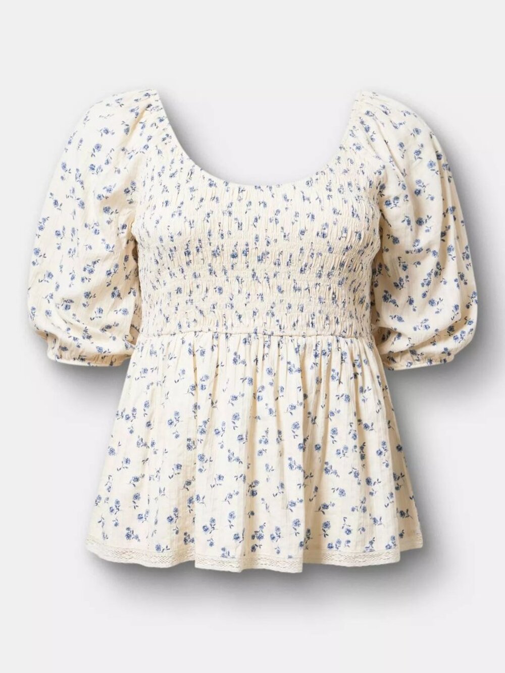 Torrid Cream Top with Blue Floral Print and Smocked Chest, Size 5